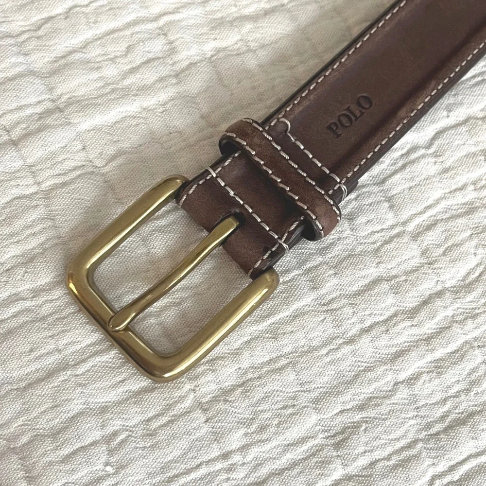 NWT Polo Ralph Lauren Men Brown Leather Belt 36 Brass Buckle